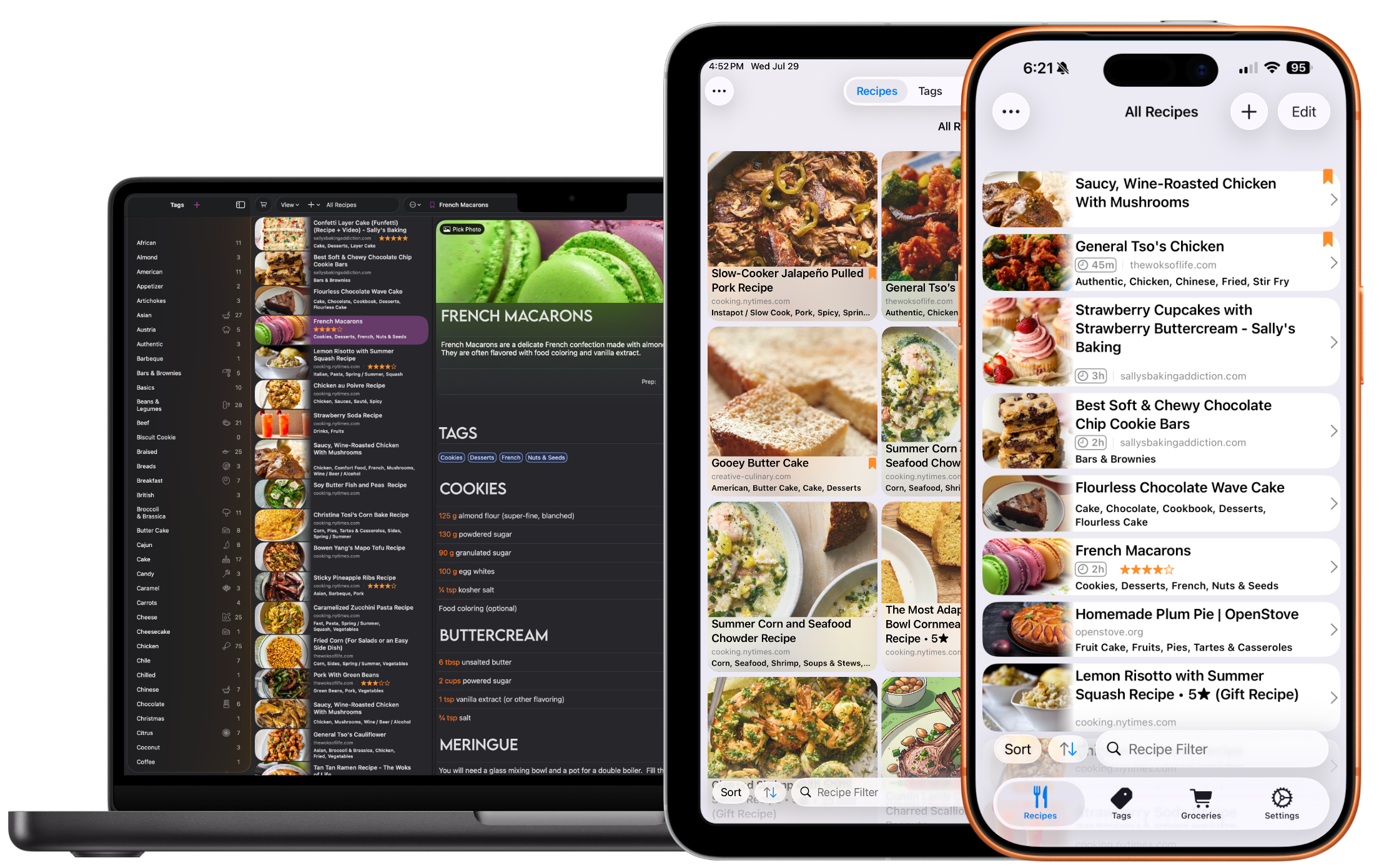 Cookery syncing a recipe library across Mac, iPad, and iPhone