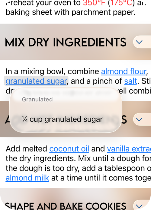 Image showing the linking feature for ingredients.