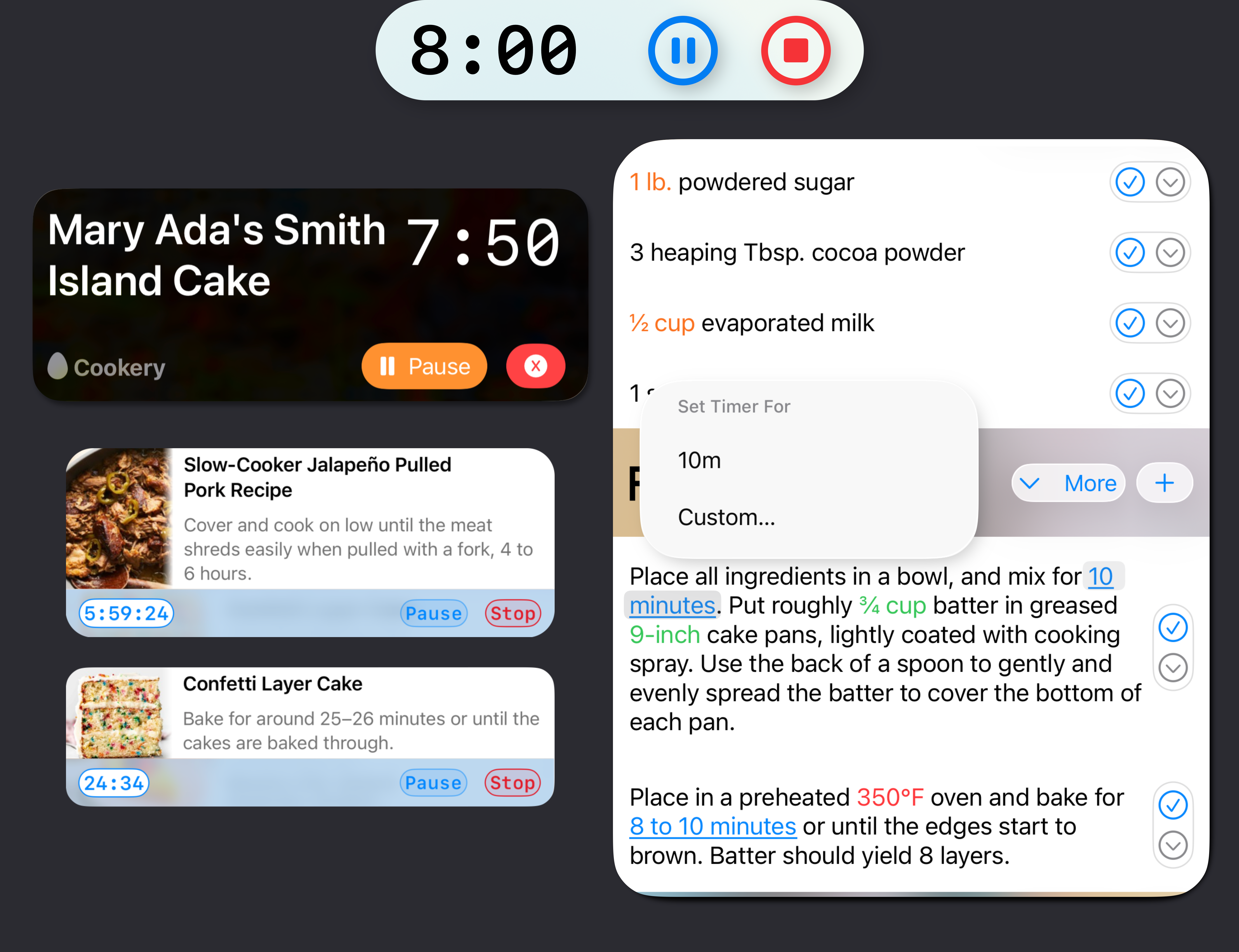 A Cookery recipe timer displayed as a Live Activity