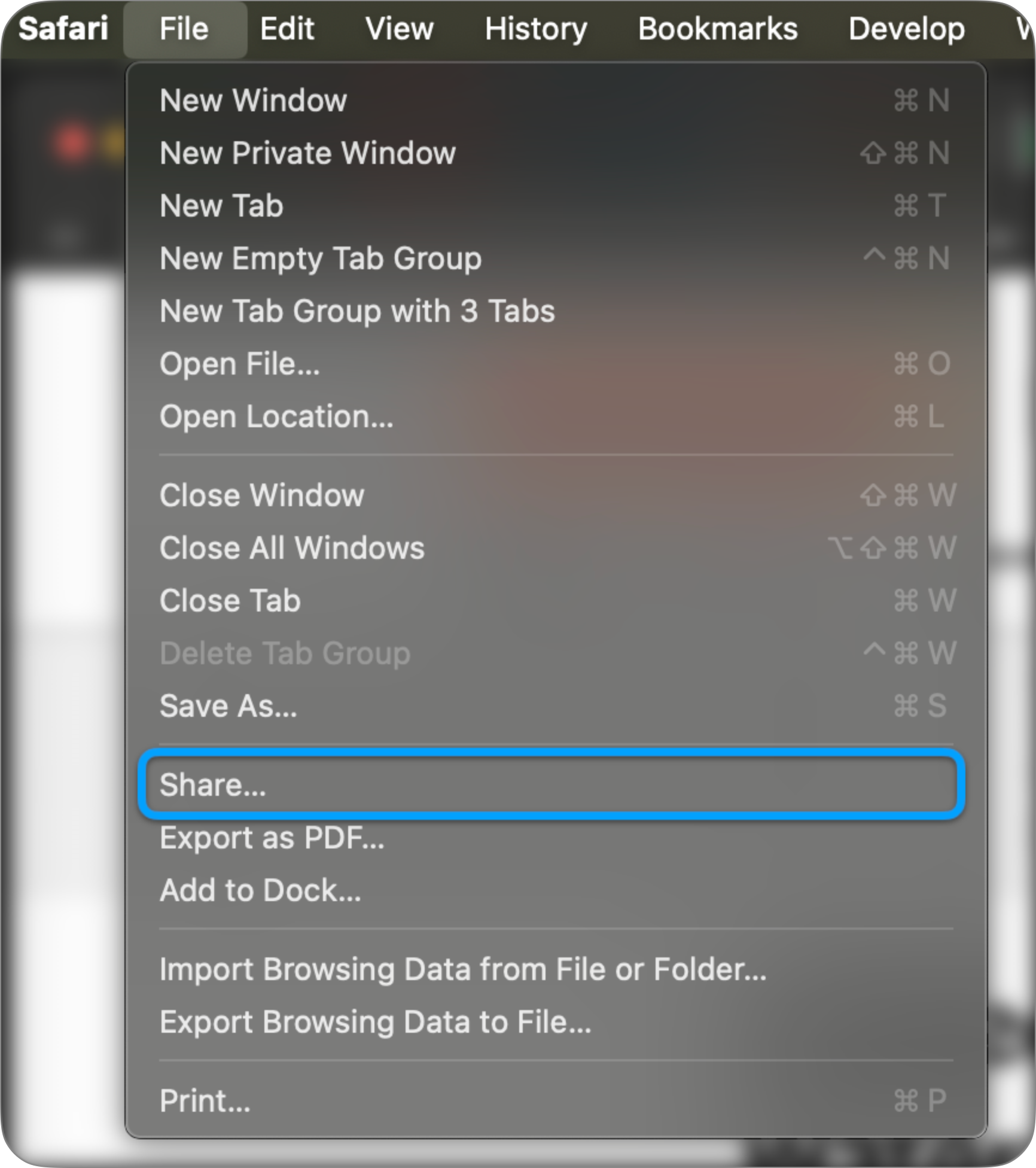 Safari Share Menu Bar Button