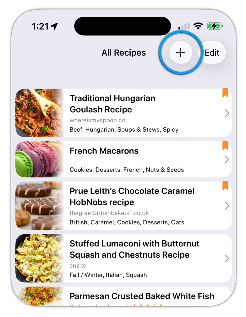 Add Recipe button in the Cookery recipe list