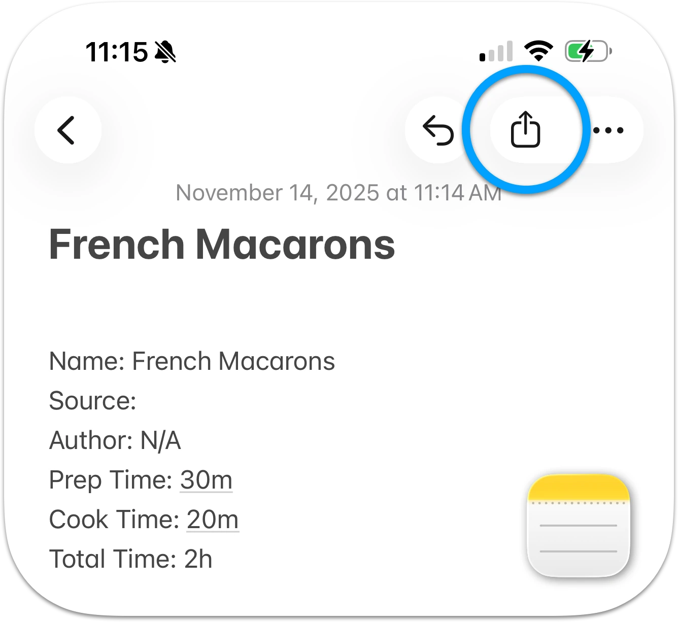 Sharing a text recipe from Apple Notes