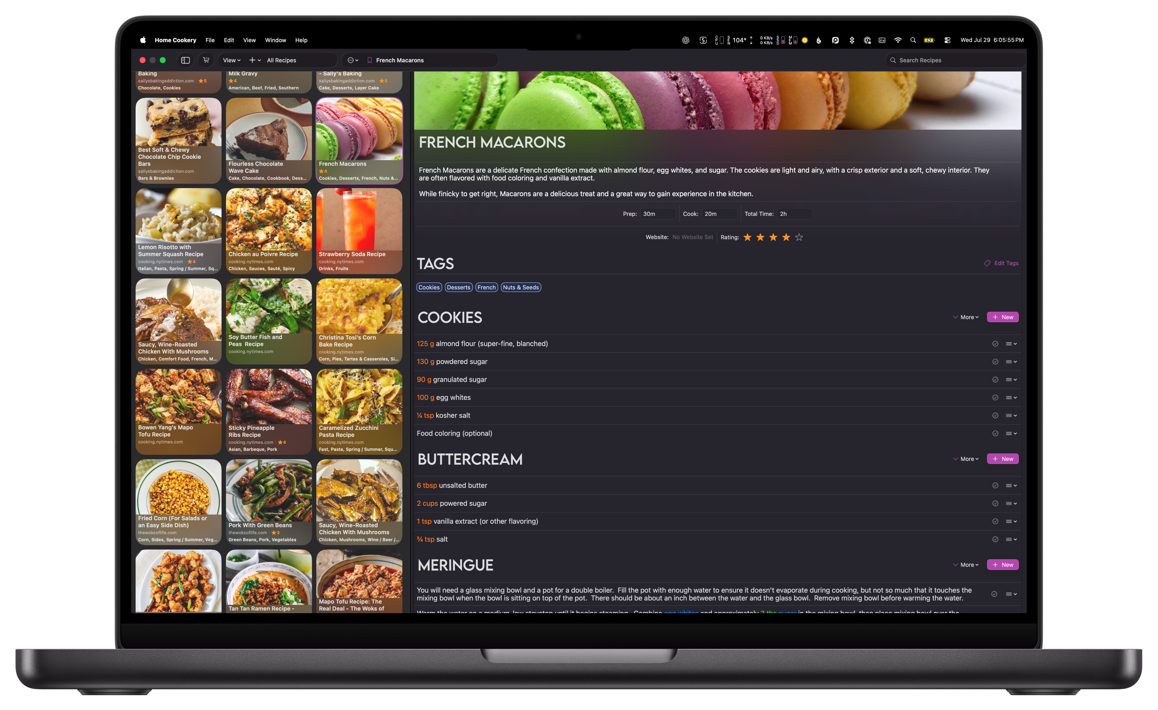 Cookery for Mac showing a recipe library beside a complete French macarons recipe